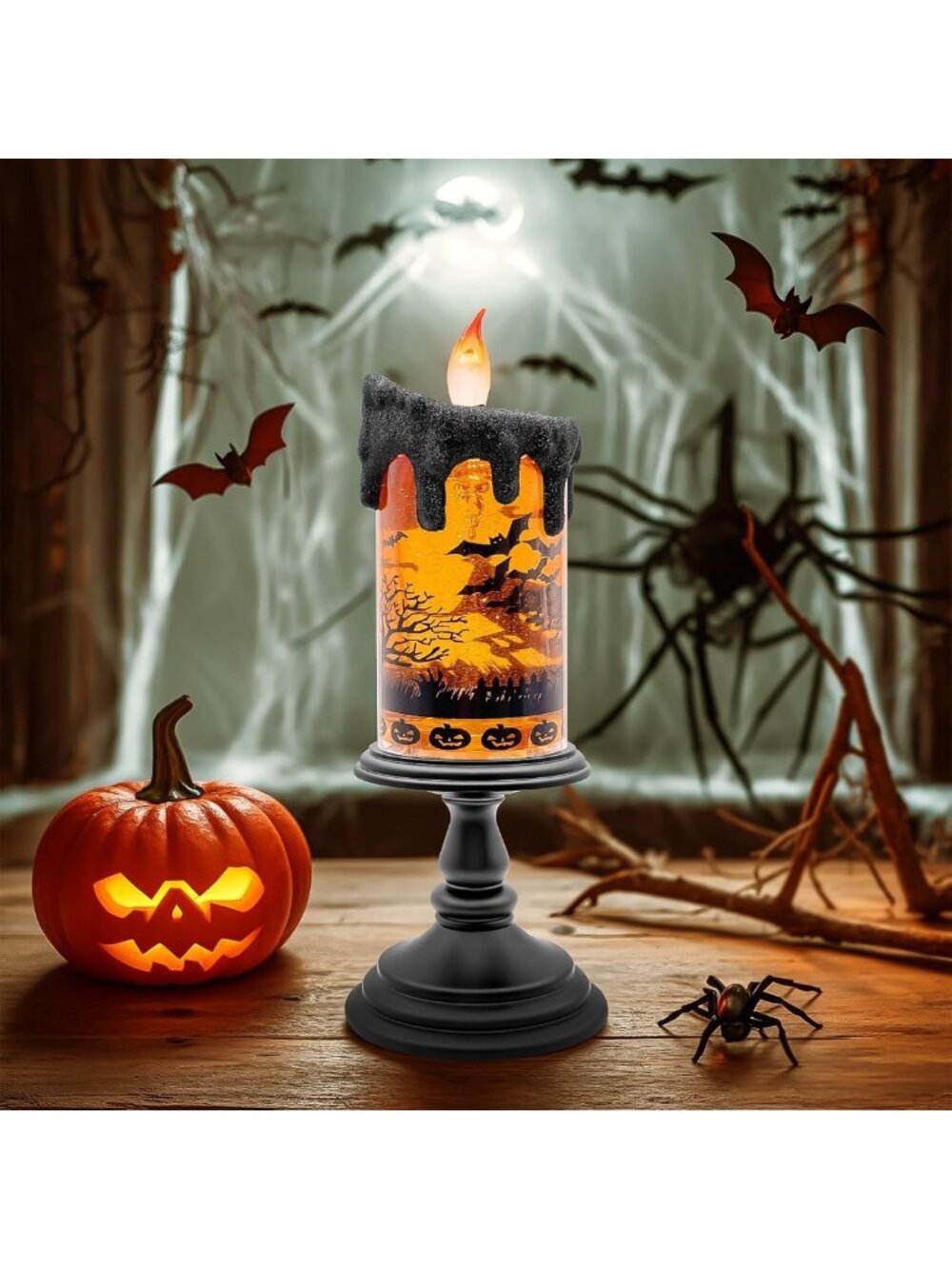 Spooky Halloween Snow Globe Candle – Lighted Glitter Lantern with Timer